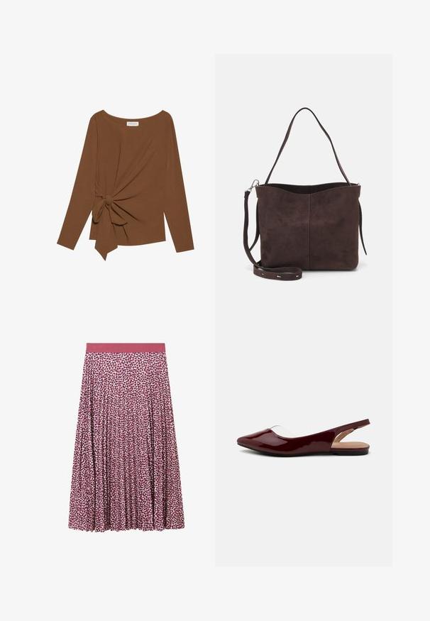Bruine lange mouwen top met een brede halslijn en een knoopdetail aan één zijde, gemaakt van zachte, gestructureerde stof.; TOM TAILOR MIDI - A-lijn rok - berry; Bordeaux gepatenteerde slingback ballerina's met een puntige neus, transparante uitsnijding en een vlakke zwarte zool. Glad textuur, minimalistisch ontwerp.; Bruine suède schoudertas met een zachte textuur, voorzien van een enkele schouderband en een subtiele, gebogen bovenopening. Geen zichtbare hardwaredetails.