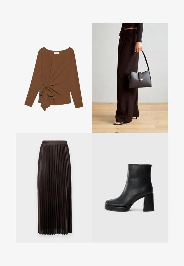 Rjava dolgosleeve majica z širokim izrezom in vozlom na eni strani, izdelana iz mehkega, teksturiranega blaga.; Zložena midi krila iz temno rjave tkanine, ki ima gladek pas, dolžino do tal in vertikalne gube za dodano teksturo.; Črne usnjene gležnjarje z blok peto in platformo, prikazane s strani na enobarvni beli podlagi.; Črna torbica z strukturirano obliko, gladko teksturo in kovinskim zaponko. Ujemajo se z širokimi črnimi hlačami in odprtimi sandali na lesenem tleh.