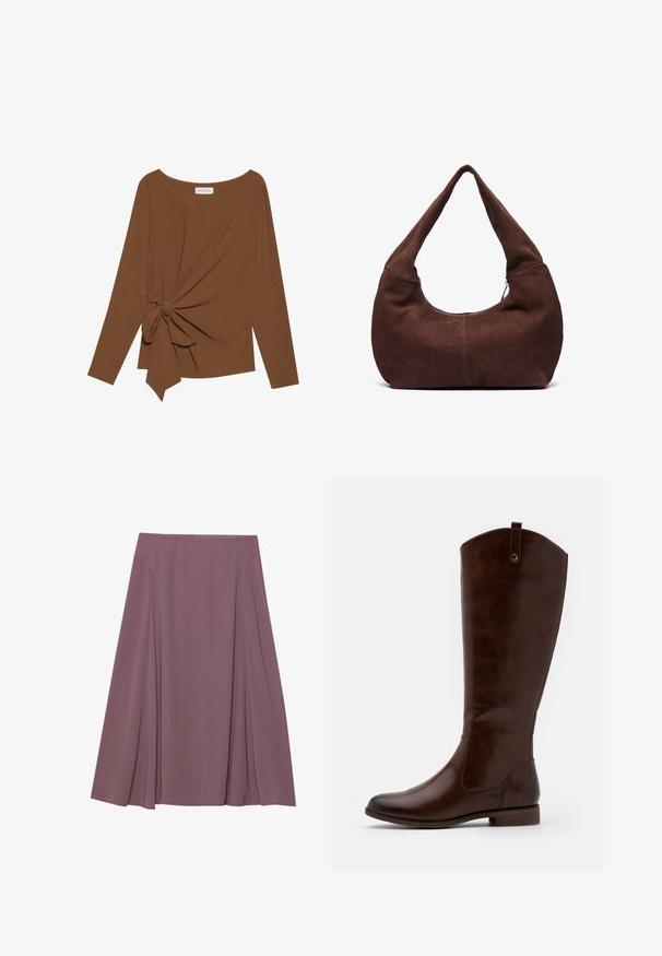 Brauner Langarm-Top mit weitem Ausschnitt und Knoten-Detail auf einer Seite, aus weichem, strukturiertem Stoff.; Ein knielanger Rock in einem sanften Mauve-Ton, aus leichtem Stoff mit plissiertem Design und glatter Textur. Keine sichtbaren Verschlüsse.; Braune kniehohe Stiefel aus glattem Leder, mit runder Zehenform, niedrigem Blockabsatz und einem dezente Stichmuster an den Seiten.; Braune Wildleder-Hobo-Tasche mit einem gebogenen, breiten Griff und einer großen Öffnung. Weiche Textur mit sichtbaren abgesteppten Details entlang der Kanten.