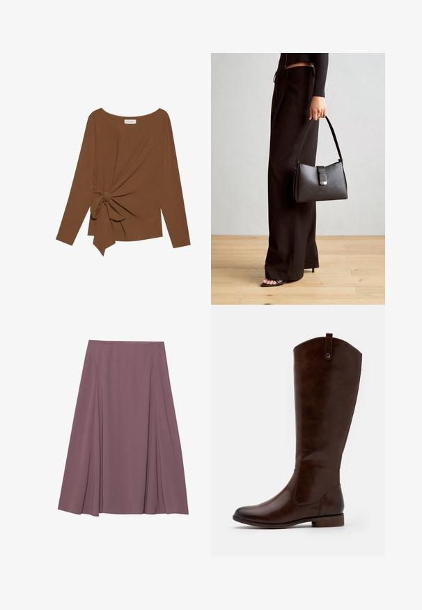 Rjava dolgosleeve majica z širokim izrezom in vozlom na eni strani, izdelana iz mehkega, teksturiranega blaga.; Krila do kolen v tihi mauve barvi, izdelana iz lahkotnega blaga s prepletenim dizajnom in gladko teksturo. brez vidnih zapiranj.; Rjave škornje do kolen, izdelane iz gladkega usnja, z zaobljenim nosom, nizkim naloženim peto in diskretnim šivanim vzorcem ob straneh.; Črna torbica z strukturirano obliko, gladko teksturo in kovinskim zaponko. Ujemajo se z širokimi črnimi hlačami in odprtimi sandali na lesenem tleh.