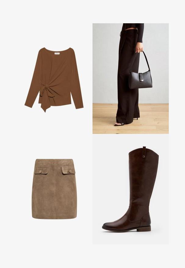Brun langærmet top med en bred halsudskæring og en knude detalje på den ene side, lavet af blødt, tekstureret stof.; Brun ruskind mini nederdel med en glat tekstur, der har to frontlommer med flap og knaplukninger på hver side. Enkel, lige design.; Brune knæhøje støvler lavet af glat læder, med rund tå, lav stablet hæl og et subtilt sømme mønster langs siderne.; Sort håndtaske med struktureret form, glat overflade og metalspænde. Sammen med brede sorte bukser og sandaler med åben tå på trægulv.