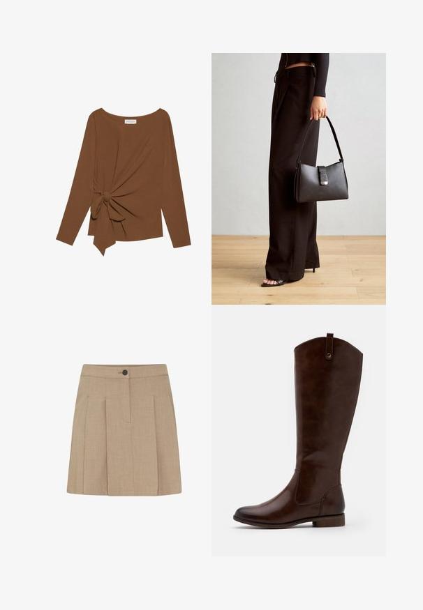 T-shirt brun à manches longues avec un col large et un détail de nœud sur un côté, fabriqué dans un tissu doux et texturé.; Jupe plissée kaki en tissu texturé, dotée d'une fermeture à boutons sur le devant et de poches sur les côtés, avec une coupe droite et une longueur au-dessus du genou.; Bottes marron jusqu'aux genoux en cuir lisse, avec un bout arrondi, un petit talon empilé et un subtil motif de couture sur les côtés.; Sac à main noir à la forme structurée, texture lisse et fermoir métallique. Associé à un pantalon noir ample et des sandales ouvertes sur un sol en bois.