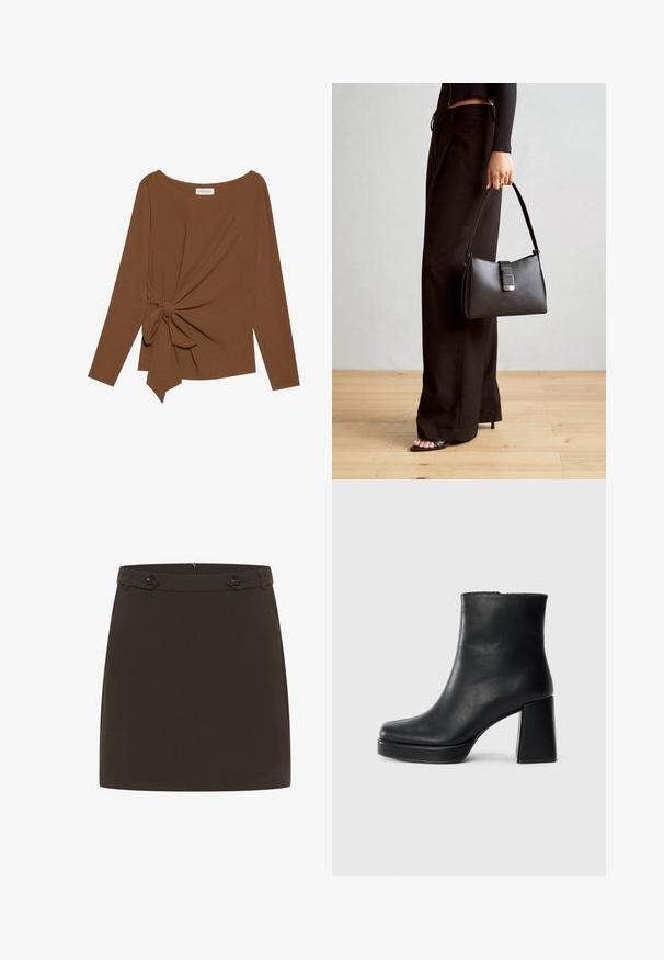 Maglia marrone a maniche lunghe con scollatura ampia e un dettaglio a nodo su un lato, realizzata in tessuto morbido e testurizzato.; Gonna mini marrone realizzata in tessuto liscio. Presenta una vita aderente con due bottoni frontali. Design semplice, senza motivi o accenti aggiuntivi.; Stivale alla caviglia in pelle nera con tacco a blocco e suola platform, visto di lato su uno sfondo bianco uniforme.; Borsa nera con forma strutturata, texture liscia e una chiusura metallica. Abbinata a pantaloni neri larghi e sandali open-toe su un pavimento in legno.