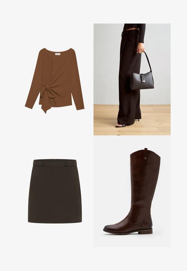 Brown long-sleeve top featuring a wide neckline and a knot detail on one side, made of soft, textured fabric.; Brown mini skirt made of smooth fabric. Features a fitted waist with two buttons at the front. Simple design, no patterns or additional accents.; Brown knee-high boots made of smooth leather, featuring a rounded toe, low stacked heel, and a subtle stitching pattern along the sides.; Black handbag with structured shape, smooth texture, and a metallic clasp. Paired with wide black pants and open-toe sandals on wooden floor.