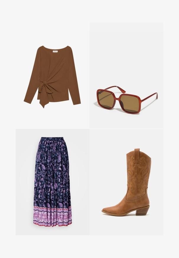 Ruskea pitkähihaisen ylin vaate, jossa on leveä pääntie ja solmukohta toisella sivulla, valmistettu pehmeästä, teksturoidusta kankaasta.; Maxihame tummansinisestä kankaasta, jossa on monimutkainen purppuranvärinen paisley-kuvio; joustava vyötärö ja kerroksellinen helma, jonka alaosa on tehty kontrastivärisestä kukkakuosisesta kankaasta.; Ruskean nahkainen cowboy-saapas, jossa on terävä kärki, brodeeratut pyörteiset kuviot varressa ja kerroslohko korko. Varustettu nostonipulla helpottamaan pukemista.; Punaiset neliönmuotoiset aurinkolasit ruskeilla sävytettyillä linsseillä. Paksut, kiiltävät kehykset ja ohuet varret, joissa on pieniä yksityiskohtia sivuilla visuaalisen mielenkiinnon lisäämiseksi.; Hopeinen metallinen clutch-angular kirjekuorimuotoilu, sileä pinta ja kontrastivärinen sisustus, pidetään kädessä, jossa on musta takki.; Hopehope hopeilla, joissa on minimalistinen muotoilu. Pyöreä muoto, sileä pinta ja ohut profiili. Kevyet ja kiillotetut.