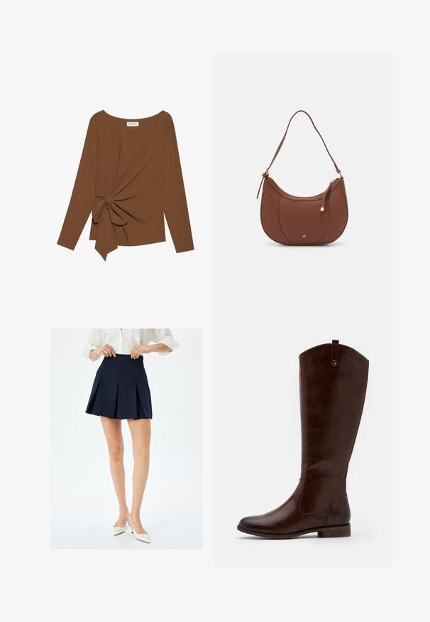 Top marrón de manga larga con un escote amplio y un detalle de nudo en un lado, hecho de una tela suave y texturizada.; Falda de tablas azul marino con cintura alta y textura suave, presenta pliegues en forma de cuchillo y un diseño minimalista. Llevada con tacones blancos.; Botas marrones hasta la rodilla, hechas de cuero liso, con punta redondeada, tacón bajo apilado y un sutil patrón de costura a lo largo de los lados.; Bolso de hombro de imitación cuero marrón con forma curva, costura mínima y un acento de hardware en tono dorado. Presenta un cierre de cremallera en la parte superior y una correa ajustable.