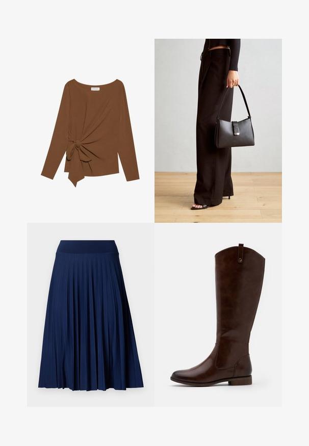 Brun langermet topp med bred hals og en knutedetalj på den ene siden, laget av mykt, teksturert stoff.; Mørkeblå plissert skjørt med bred midjebånd, laget av et glatt stoff. Har vertikale folder og faller til midten av leggen.; Brune kneehøye støvler laget av glatt lær, med rund tå, lav stablet hæl og et subtilt søm mønster langs sidene.; Svart håndveske med strukturert form, jevn tekstur og metallisk lås. Kombinert med brede svarte bukser og sandaler med åpen tå på tregulv.