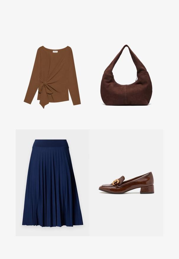 Brauner Langarm-Top mit weitem Ausschnitt und Knoten-Detail auf einer Seite, aus weichem, strukturiertem Stoff.; Marineblauer gefälteter Rock mit breitem Taillenbund, aus glattem Stoff gefertigt. Verfügt über vertikale Falten und reicht bis zur Mitte der Waden.; Braune Lederloafers mit glänzender Oberfläche, ausgestattet mit einer dekorativen goldenen Schnalle an der Vorderseite und einem niedrigen Blockabsatz. Klassisches Design.; Braune Wildleder-Hobo-Tasche mit einem gebogenen, breiten Griff und einer großen Öffnung. Weiche Textur mit sichtbaren abgesteppten Details entlang der Kanten.