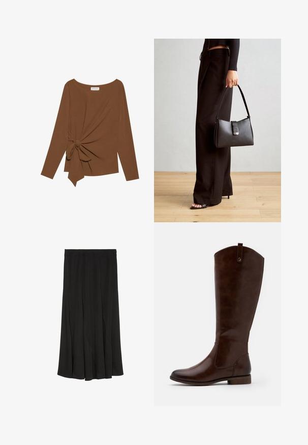 Barna, hosszú ujjú felső, széles nyakkivágással és az egyik oldalon csomó részlettel, puha, texturált anyagból készült.; Marc O'Polo A-vonalú szoknya - black; Barna, térdig érő csizmák sima bőrből, lekerekített orral, alacsony, rakott sarokkal és diszkrét varrással az oldalán.; Fekete kézi táska strukturált formával, sima textúrával és fémből készült záródással. Széles fekete nadrággal és nyitott orrú szandállal párosítva, fából készült padlón.