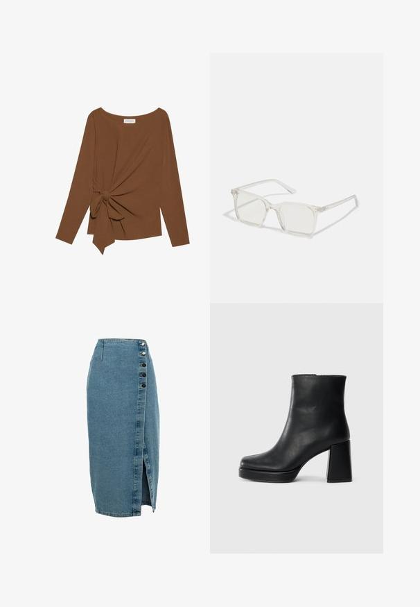 Top marrón de manga larga con un escote amplio y un detalle de nudo en un lado, hecho de una tela suave y texturizada.; Falda de denim en azul claro con una abertura delantera, que cuenta con un cierre lateral de botones y un diseño estructurado.; Botín de cuero negro con tacón cuadrado y suela de plataforma, visto de lado sobre un fondo blanco liso.; Gafas cuadradas de plástico transparente con lentes translúcidos, que cuentan con acentos dorados en las patillas para un detalle adicional.