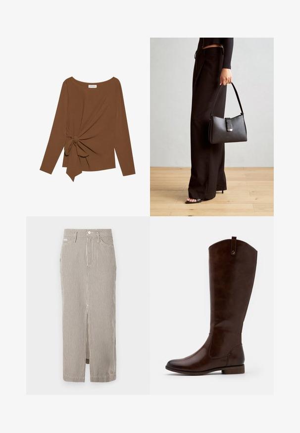 Barna, hosszú ujjú felső, széles nyakkivágással és az egyik oldalon csomó részlettel, puha, texturált anyagból készült.; Csíkos midi szoknya világos bézs és sötétbarna színben, pamutból készült, elülső hasítékkal és övhurkokkal. Klasszikus dizájn és testhezálló fazon.; Barna, térdig érő csizmák sima bőrből, lekerekített orral, alacsony, rakott sarokkal és diszkrét varrással az oldalán.; Fekete kézi táska strukturált formával, sima textúrával és fémből készült záródással. Széles fekete nadrággal és nyitott orrú szandállal párosítva, fából készült padlón.