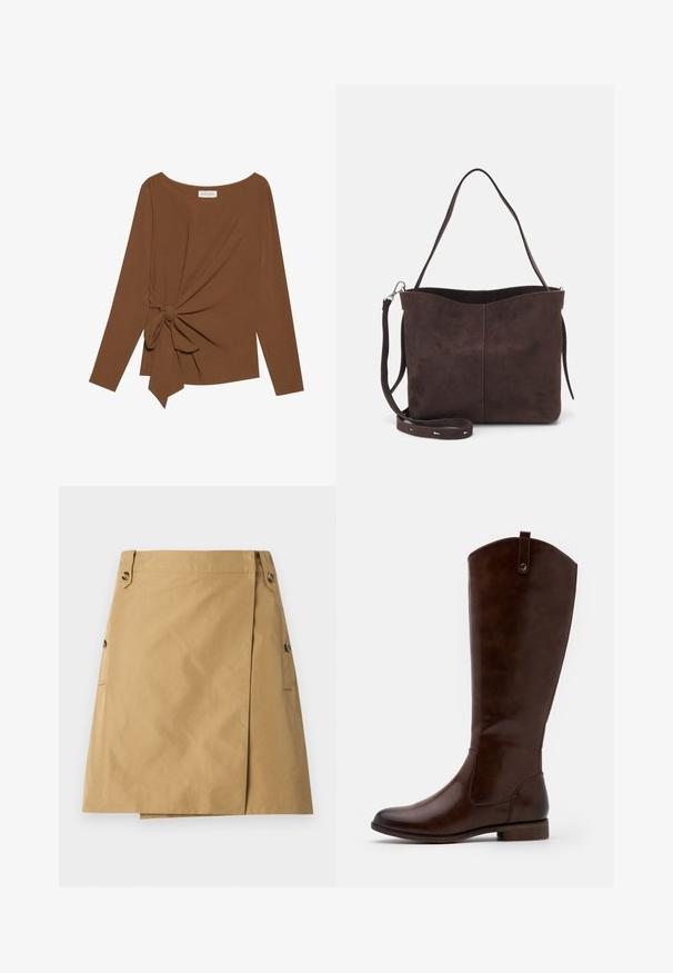 Bruine lange mouwen top met een brede halslijn en een knoopdetail aan één zijde, gemaakt van zachte, gestructureerde stof.; Tan rok van een gladde stof met een vooroverlap, voorzien van twee zijzakken en twee knopen op de tailleband.; Bruine kniehoge laarzen van soepel leer, met een ronde neus, lage gestapelde hak en een subtiel stikselpatroon langs de zijkanten.; Bruine suède schoudertas met een zachte textuur, voorzien van een enkele schouderband en een subtiele, gebogen bovenopening. Geen zichtbare hardwaredetails.