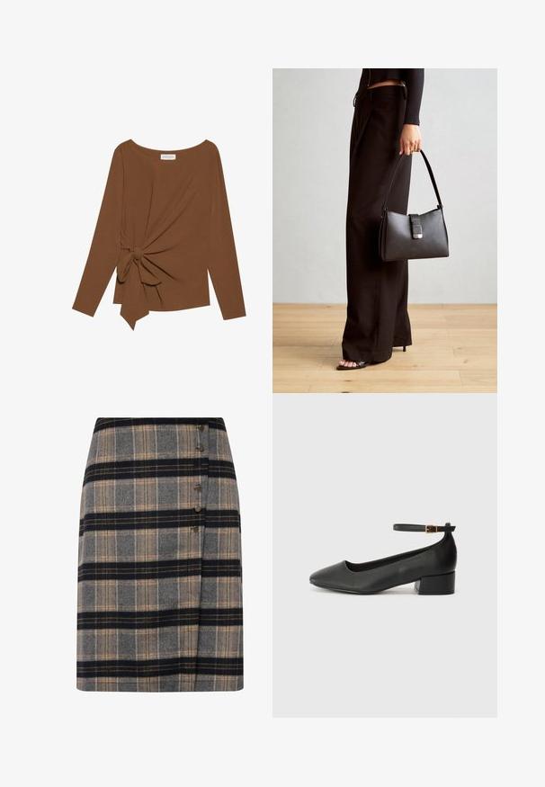 Maglia marrone a maniche lunghe con scollatura ampia e un dettaglio a nodo su un lato, realizzata in tessuto morbido e testurizzato.; Gonna a quadri in lana grigia, nera e beige con chiusura laterale a bottoni e leggero design avvolgente. Tessuto testurizzato con un pattern classico.; Pump in pelle nera con punta affusolata e tacco basso a blocco. Presenta una cinghia alla caviglia con una fibbia in tonalità oro. Texture liscia.; Borsa nera con forma strutturata, texture liscia e una chiusura metallica. Abbinata a pantaloni neri larghi e sandali open-toe su un pavimento in legno.