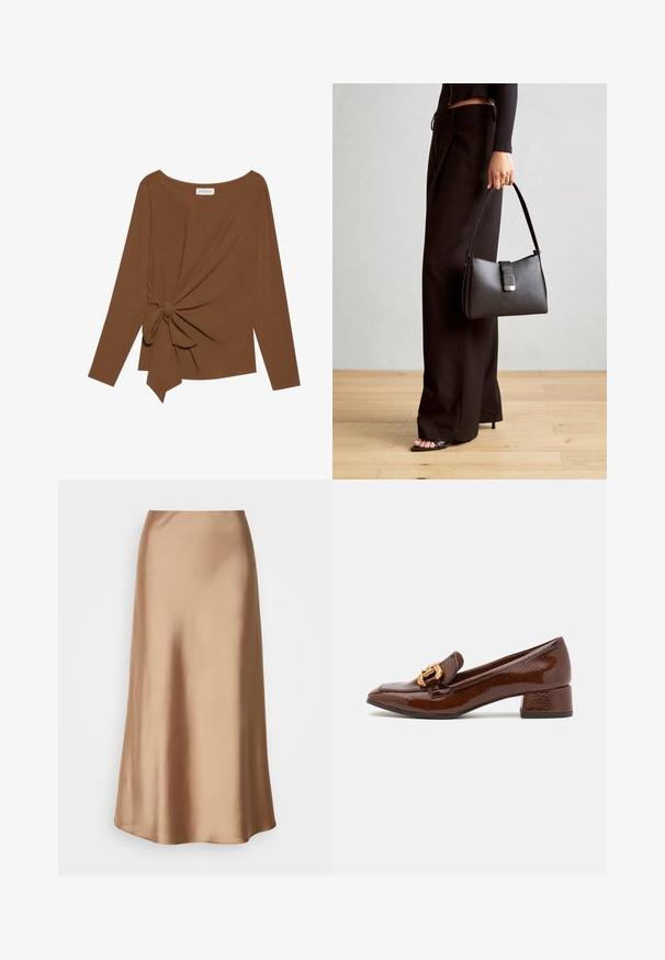 Ruskea pitkähihaisen ylin vaate, jossa on leveä pääntie ja solmukohta toisella sivulla, valmistettu pehmeästä, teksturoidusta kankaasta.; Satiinimidi-hame vaaleanruskeassa sävyssä, jossa on sileä ja virtaava siluetti, hienovaraisella kiillolla ja hieman levenevällä helman muodolla.; Ruske nahkasaapad läikiva viimistlusega, millel on ees dekoratiivne kuldne klamber ja madal plokkkonts. Klassikaline disain.; Musta käsilaukku, jossa on rakenteellinen muoto, sileä pinta ja metallinen solki. Yhdistetty leveisiin mustiin housuihin ja avonaiheisiin sandaaleihin puulattialla.