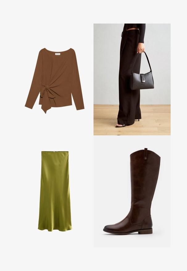 Brauner Langarm-Top mit weitem Ausschnitt und Knoten-Detail auf einer Seite, aus weichem, strukturiertem Stoff.; Next REGULAR FIT - Maxirock - khaki green; Braune kniehohe Stiefel aus glattem Leder, mit runder Zehenform, niedrigem Blockabsatz und einem dezente Stichmuster an den Seiten.; Schwarze Handtasche mit strukturierter Form, glatter Textur und einem metallischen Verschluss. Kombiniert mit weiten schwarzen Hosen und offenen Sandalen auf einem Holzboden.