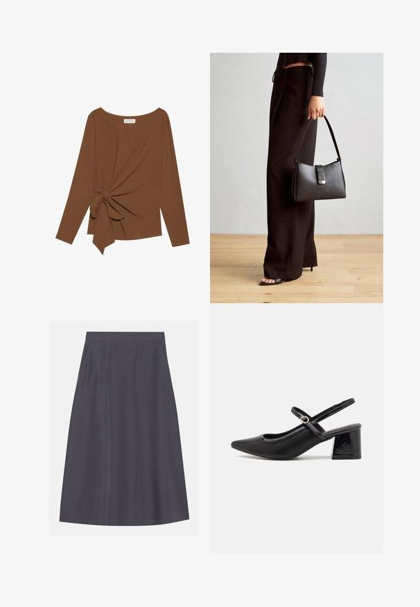 Rjava dolgosleeve majica z širokim izrezom in vozlom na eni strani, izdelana iz mehkega, teksturiranega blaga.; A-linijska temno siva krila, izdelana iz gladkega materiala s stranskimi žepli, ki se ponaša s čisto pasom in diskretnim šivom.; Črne patentne usnjene salonarce s slingback obliko, s koničastim nosom, zaobljenim izrezom in blok peto. Imajo zlato kovinsko zaponko kot dodatno okrasje.; Črna torbica z strukturirano obliko, gladko teksturo in kovinskim zaponko. Ujemajo se z širokimi črnimi hlačami in odprtimi sandali na lesenem tleh.