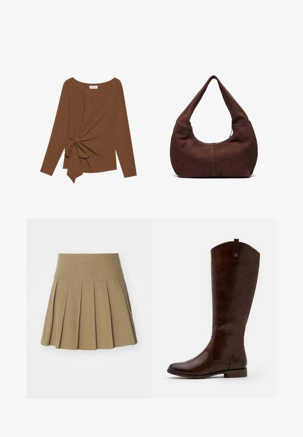 Brown long-sleeve top featuring a wide neckline and a knot detail on one side, made of soft, textured fabric.; Khaki pleated skirt with a fitted waistband, made from a smooth fabric, featuring sharp knife pleats that enhance its structured appearance.; Brown knee-high boots made of smooth leather, featuring a rounded toe, low stacked heel, and a subtle stitching pattern along the sides.; Brown suede hobo bag with a curved, wide handle and a large opening. Soft texture with visible stitching detailing along the edges.
