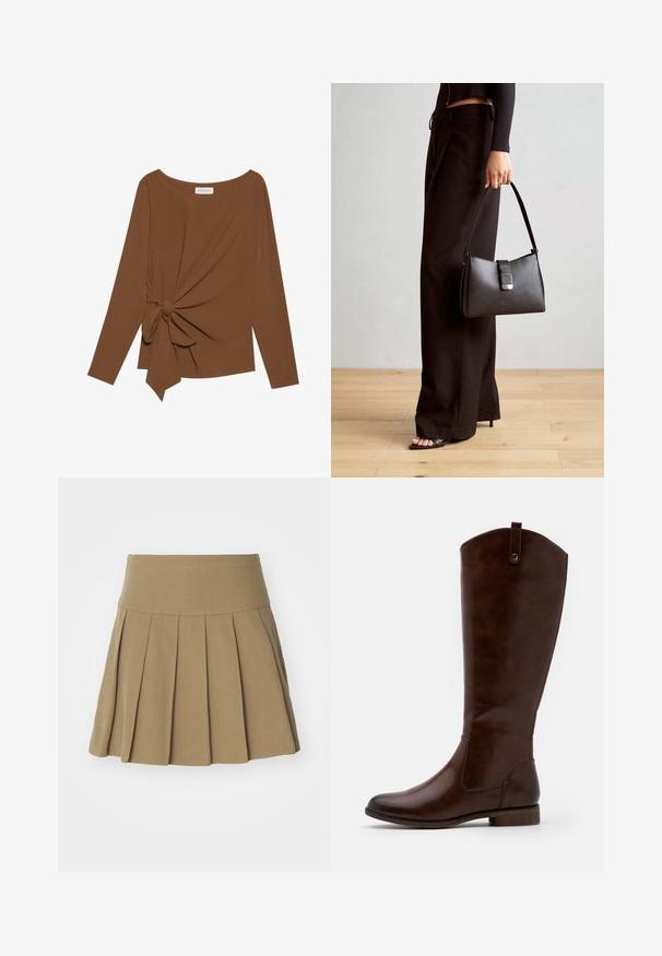 Rjava dolgosleeve majica z širokim izrezom in vozlom na eni strani, izdelana iz mehkega, teksturiranega blaga.; Khaki plisirana krila s prilegajočim pasom, izdelana iz gladkega blaga, s poudarjenimi nožnimi plisi, ki izboljšajo njen strukturiran videz.; Rjave škornje do kolen, izdelane iz gladkega usnja, z zaobljenim nosom, nizkim naloženim peto in diskretnim šivanim vzorcem ob straneh.; Črna torbica z strukturirano obliko, gladko teksturo in kovinskim zaponko. Ujemajo se z širokimi črnimi hlačami in odprtimi sandali na lesenem tleh.