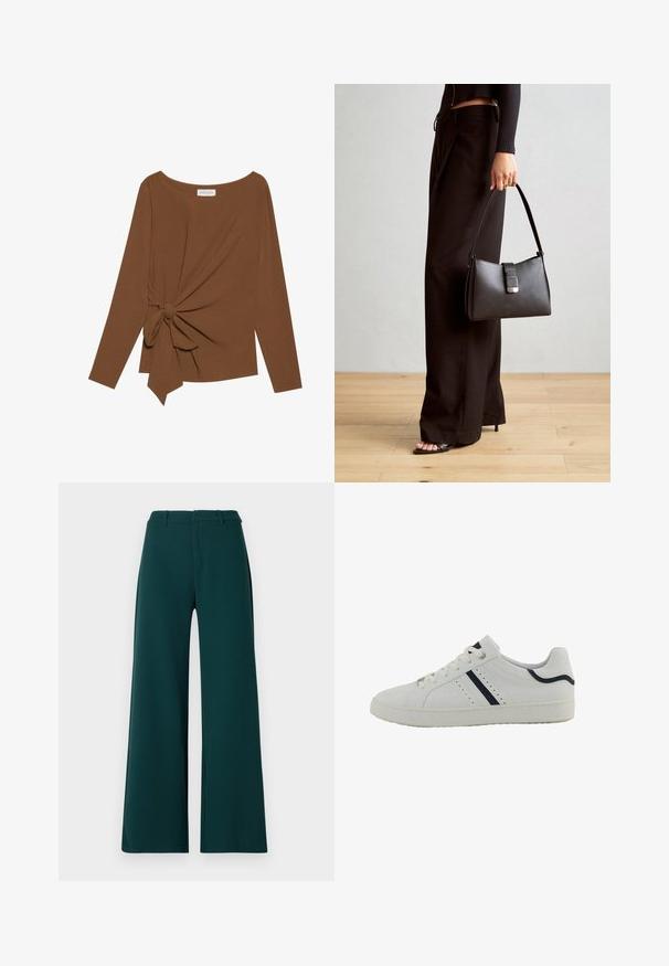 Ruskea pitkähihaisen ylin vaate, jossa on leveä pääntie ja solmukohta toisella sivulla, valmistettu pehmeästä, teksturoidusta kankaasta.; Valkoiset housut tummanvihreästä kankaasta. Ominaisuuksiin kuuluu korkea vyötärö, etupleikkeet ja vyölenkit. Sujuva rakenne ja muotoiltu malli.; Valkoinen synteettinen lenkkari matalalla profiililla, jossa on tummansiniset vinoraitat, reikiä sivuilla ja karkea kumipohja.; Musta käsilaukku, jossa on rakenteellinen muoto, sileä pinta ja metallinen solki. Yhdistetty leveisiin mustiin housuihin ja avonaiheisiin sandaaleihin puulattialla.