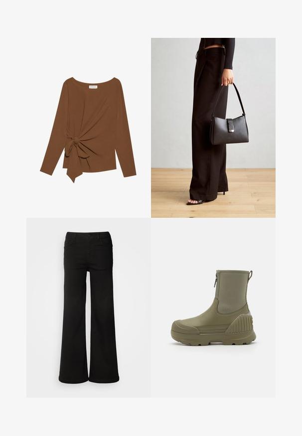 Ruskea pitkähihaisen ylin vaate, jossa on leveä pääntie ja solmukohta toisella sivulla, valmistettu pehmeästä, teksturoidusta kankaasta.; Mustat vältävät housut, jotka on valmistettu denimi-kankaasta, jossa on etutaskut, nappikiinnitys ja sileä pinta puhtaalla viimeistelyllä.; Vihreät vedenpitävät nilkkurit, joissa on sileä kumiostos, sivuvetoketju ja teksturoituvat kumiakcentit kantapäässä lisäämään pitoa ja vakautta.; Musta käsilaukku, jossa on rakenteellinen muoto, sileä pinta ja metallinen solki. Yhdistetty leveisiin mustiin housuihin ja avonaiheisiin sandaaleihin puulattialla.