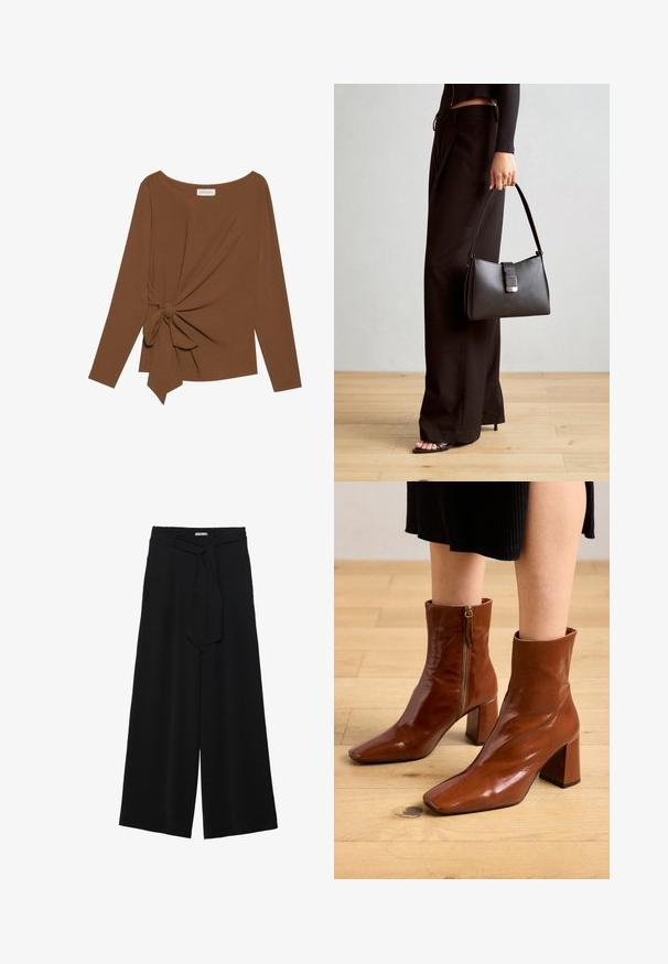 Brązowy, długi rękaw top z szerokim dekoltem i węzełkowym detalem po jednej stronie, wykonany z miękkiego, teksturowanego materiału.; Czarne spodnie szerokie z teksturowanej tkaniny, z elastycznym paskiem w talii i odpinanym paskiem w talii dla regulowanego dopasowania.; Brązowe skórzane botki za kostkę o błyszczącym wykończeniu, kwadratowym nosku, słupkowym obcasie i detalach zamka błyskawicznego z boku, na tle jasnej drewnianej podłogi.; Czarna torebka o usztywnionym kształcie, gładkiej fakturze i metalowym zapięciem. Połączona z szerokimi czarnymi spodniami i sandałami na otwartym palcu na drewnianej podłodze.
