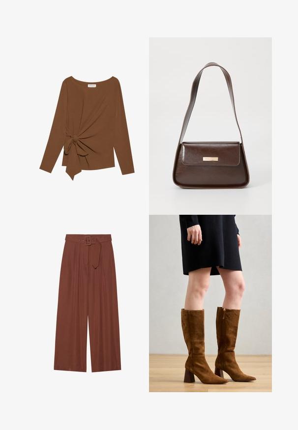 Rjava dolgosleeve majica z širokim izrezom in vozlom na eni strani, izdelana iz mehkega, teksturiranega blaga.; Široke hlače iz rjavega blaga, ki vključujejo pas s kvadratno zaponko, nabran dizajn in gladko teksturo.; ÁNGEL ALARCÓN Škornji - mogano; Rjava usnjena torba za ramo z urejeno obliko, ki ima magnetno zapiranje na pokrovu in kovinski logotip na sprednji strani.