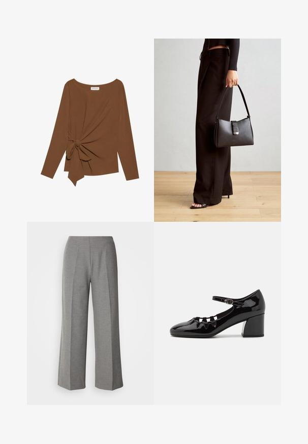 Brown long-sleeve top featuring a wide neckline and a knot detail on one side, made of soft, textured fabric.; Gray tailored wide-leg pants with a smooth texture, featuring a flat front and crisp crease lines on each leg.; Black patent leather heeled shoe with cut-out detail, adjustable ankle strap, and a block heel. Smooth, shiny surface with a rounded toe.; Black handbag with structured shape, smooth texture, and a metallic clasp. Paired with wide black pants and open-toe sandals on wooden floor.