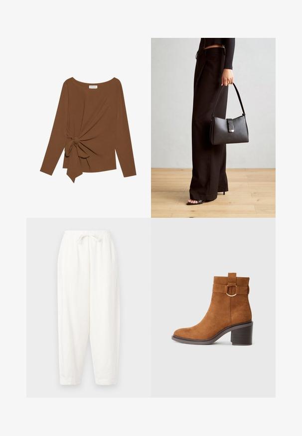 Brauner Langarm-Top mit weitem Ausschnitt und Knoten-Detail auf einer Seite, aus weichem, strukturiertem Stoff.; Weiße, lockere Hose aus leichtem Stoff. Mit einem elastischen Bund und Kordelzug sowie schmal zulaufenden Bündchen an den Knöcheln.; Braune Wildleder-Ankle-Boots mit abgerundetem Zehenbereich, Blockabsatz und einem dekorativen Riemen mit einer runden Schnallendetail.; Schwarze Handtasche mit strukturierter Form, glatter Textur und einem metallischen Verschluss. Kombiniert mit weiten schwarzen Hosen und offenen Sandalen auf einem Holzboden.