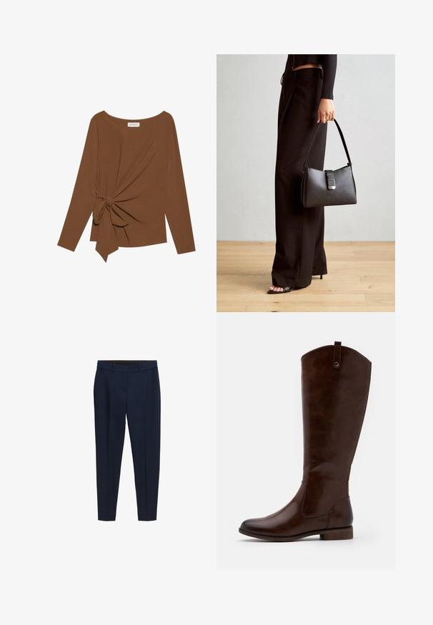 Brūna garām piedurknēm topa, kas izceļas ar plašu dekoltē un mezglu detaļu vienā pusē, izgatavota no mīkstas, teksturētas auduma.; Lodīci zilo uzvalka bikses ar jostas cilpiņām, sānu kabatām un priekšējo iezīmējumu, paredzētas šaurai piegrieztei.; Brūni līdz ceļiem zābaki, kas izgatavoti no gludas ādas, ar noapaļotu purngalu, zemu sakrautu papēdi un smalku šuvju rakstu gar sāniem.; Melnā somiņa ar strukturētu formu, gludu tekstūru un metālu sprādzi. Saskaņota ar platām melnām biksēm un sandālēm ar atvērtu purngalu uz koka grīdas.