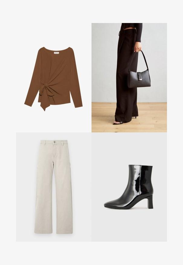 Top marrón de manga larga con un escote amplio y un detalle de nudo en un lado, hecho de una tela suave y texturizada.; Pantalones cargo beige con un diseño recto y de pierna ancha, que presentan bolsillos laterales y un cierre de botón, elaborados de un material de algodón resistente.; Botín de charol negro con punta afilada y un tacón de bloque de altura media. Textura suave y diseño minimalista.; Bolso negro con forma estructurada, textura suave y un cierre metálico. Combinado con pantalones anchos negros y sandalias de dedo en un suelo de madera.
