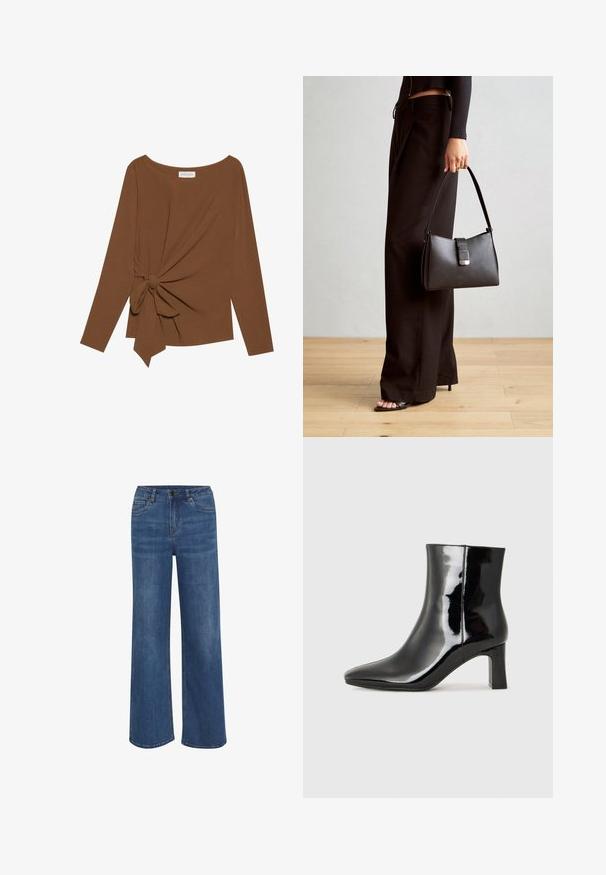 Ruskea pitkähihaisen ylin vaate, jossa on leveä pääntie ja solmukohta toisella sivulla, valmistettu pehmeästä, teksturoidusta kankaasta.; Kapeet leveät farkut, jotka on valmistettu keski sinisestä denimistä. Ominaisuuksiin kuuluu nappi- ja vetoketjukiinnitys, viisi taskua sekä hienovarainen kuluminen kankaassa.; Musta patenttilakattu nilkkuri, jossa on terävä kärki ja keskipitkä lohkarekorko. Silkkinen pinta ja minimalistinen muotoilu.; Musta käsilaukku, jossa on rakenteellinen muoto, sileä pinta ja metallinen solki. Yhdistetty leveisiin mustiin housuihin ja avonaiheisiin sandaaleihin puulattialla.