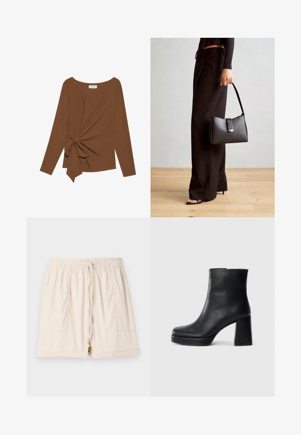 Ruda ilga rankovė viršutinė dalis su plačiu iškirpimu ir mazgo detale vienoje pusėje, pagaminta iš minkštos, tekstūruotos medžiagos.; Šviesiai rudos medvilnės šortai su elastinga juosmens juosta, su raišteliu ir dviem šoninėmis kišenėmis; turi laisvą siluetą ir pasuktą apatinę dalį.; Juodas odinis kulkšninis botas su bloku ir platformos padu, matomas šoniniu vaizdu ant balto fono.; Juodas rankinė struktūrizuota forma, lygi tekstūra ir metalinis užsegimas. Suporuota su plačiomis juodomis kelnėmis ir atvirais bateliais ant medinių grindų.