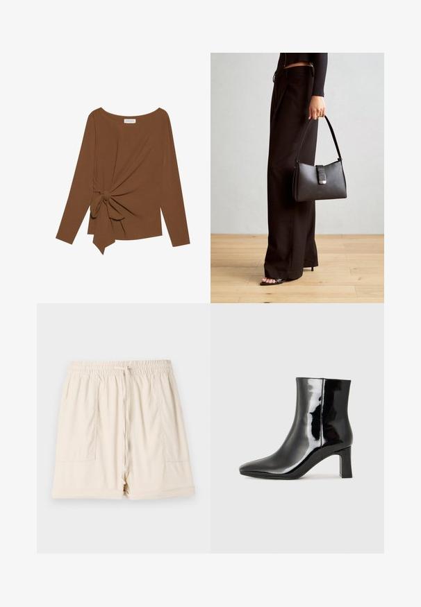 Rjava dolgosleeve majica z širokim izrezom in vozlom na eni strani, izdelana iz mehkega, teksturiranega blaga.; Beige bombažne kratke hlače z elastiko v pasu, vrvico in dvema stranskima žepoma; imajo sproščen kroj in zvit rob.; Črne lakirane gležnjarje z ošiljenim nosom in srednje visokim blokastim peto. Gladka tekstura in minimalističen dizajn.; Črna torbica z strukturirano obliko, gladko teksturo in kovinskim zaponko. Ujemajo se z širokimi črnimi hlačami in odprtimi sandali na lesenem tleh.