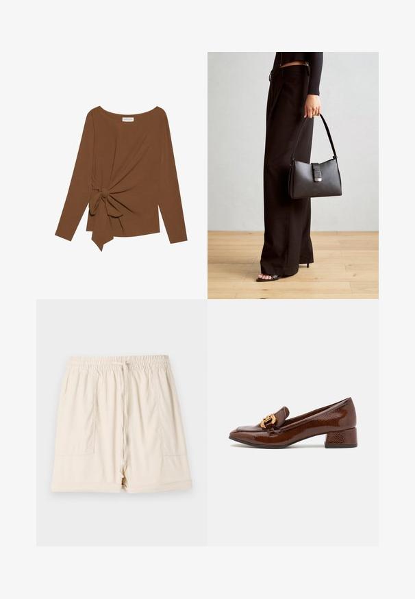 Bruine lange mouwen top met een brede halslijn en een knoopdetail aan één zijde, gemaakt van zachte, gestructureerde stof.; Beige katoenen shorts met een elastische tailleband, een trekkoord en twee zijzakken; heeft een relaxte pasvorm en omgeslagen zoom.; Bruine leren loafers met een glanzende afwerking, met een decoratieve gouden gesp aan de voorkant en een lage blokhak. Klassiek ontwerp.; Zwarte handtas met gestructureerde vorm, gladde textuur en een metalen sluiting. Gecombineerd met brede zwarte broeken en sandalen met open teen op een houten vloer.