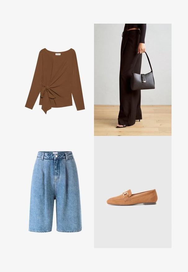 Top marrón de manga larga con un escote amplio y un detalle de nudo en un lado, hecho de una tela suave y texturizada.; Pantalones cortos de mezclilla azul claro con cintura alta, que presentan pliegues frontales, un cierre de botón y un corte recto hasta la rodilla.; Mocasines de ante color camel con punta redonda, un acento decorativo de bucle en metal y un tacón plano. Textura suave y detalle de costura simple.; Bolso negro con forma estructurada, textura suave y un cierre metálico. Combinado con pantalones anchos negros y sandalias de dedo en un suelo de madera.