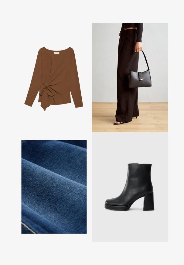 Smeđa majica dugih rukava s širokim izrezom i čvorom s jedne strane, izrađena od mekog, teksturiranog materijala.; Tamno plavi denimski materijal s glatkom teksturom, vidljivim tkanjem i suptilnim rastezanjem. Sadrži nježne šavove duž rubova.; Crna kožna čizma do gležnja s blok petom i platformom, prikazana s bočne strane na jednostavnoj bijeloj pozadini.; Crna torba s oblikom koji sadrži strukturu, glađu teksturu i metalnu kopču. Uparena s širokim crnim hlačama i sandalama na otvorenom s drvenog poda.
