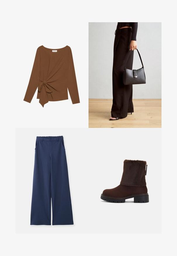 T-shirt brun à manches longues avec un col large et un détail de nœud sur un côté, fabriqué dans un tissu doux et texturé.; Pantalons larges bleu marine avec taille élastique, passants de ceinture et poches latérales, présentés à plat sur un fond blanc.; Bottine marron avec une tige en fausse fourrure douce, un talon carré et une semelle en caoutchouc texturé. Fermeture à glissière sur le côté et détail piqué autour de la base.; Sac à main noir à la forme structurée, texture lisse et fermoir métallique. Associé à un pantalon noir ample et des sandales ouvertes sur un sol en bois.