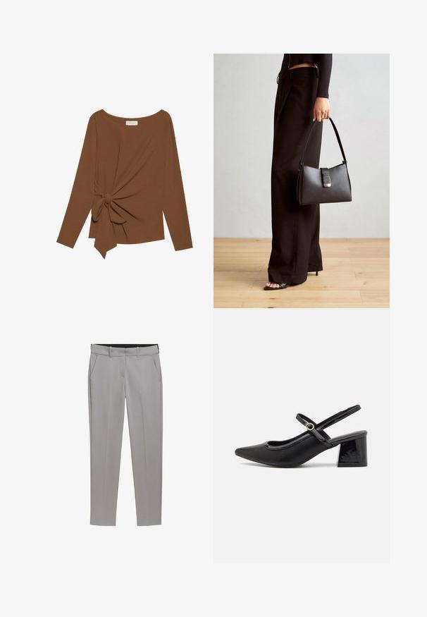 Brun langærmet top med en bred halsudskæring og en knude detalje på den ene side, lavet af blødt, tekstureret stof.; TOM TAILOR MIA SLIM - Chino - explicit grey; Sorte patentlæder slingback hæle med spids tå, rund udskæring og blokhæl. Har en guldtonet spændeaccents.; Sort håndtaske med struktureret form, glat overflade og metalspænde. Sammen med brede sorte bukser og sandaler med åben tå på trægulv.