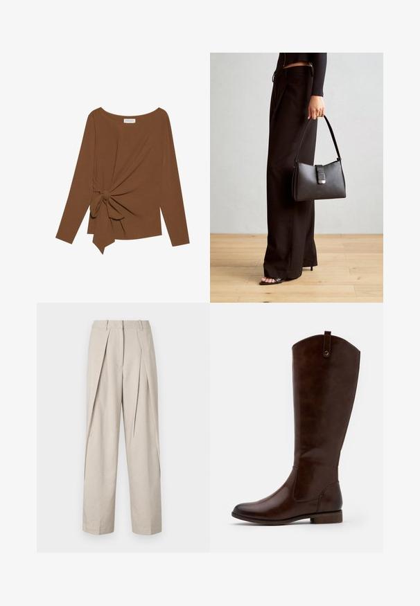 Brown long-sleeve top featuring a wide neckline and a knot detail on one side, made of soft, textured fabric.; Beige tailored trousers with pleated front, wide legs, and a smooth texture. Features a classic waistband and side pockets.; Brown knee-high boots made of smooth leather, featuring a rounded toe, low stacked heel, and a subtle stitching pattern along the sides.; Black handbag with structured shape, smooth texture, and a metallic clasp. Paired with wide black pants and open-toe sandals on wooden floor.