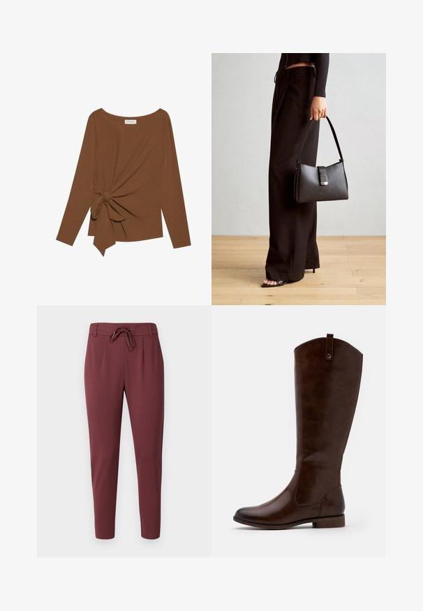 Ruskea pitkähihaisen ylin vaate, jossa on leveä pääntie ja solmukohta toisella sivulla, valmistettu pehmeästä, teksturoidusta kankaasta.; Burgundy-elastic vyötäröhousut, joissa on säädettävä nyöri, kapenevat lahkeet ja sileä, pehmeä kangas. Etupleaat tarjoavat hoidettua ilmettä.; Ruske knee-high sačinjene od glatke kože, s okruglim nosom, niskim složenim potplatom i suptilnim uzorkom šavova duž strana.; Musta käsilaukku, jossa on rakenteellinen muoto, sileä pinta ja metallinen solki. Yhdistetty leveisiin mustiin housuihin ja avonaiheisiin sandaaleihin puulattialla.