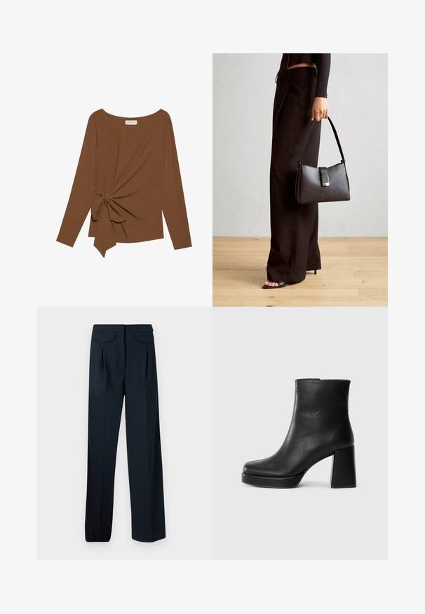 Bruine lange mouwen top met een brede halslijn en een knoopdetail aan één zijde, gemaakt van zachte, gestructureerde stof.; Marineblauwe broeken met een op maat gemaakt ontwerp, twee voorplooien en twee achterzakken. Gemaakt van een gladde stof met een rechte snit.; Zwarte leren enkelboot met een blokhak en platformzool, zijaanzicht op een effen witte achtergrond.; Zwarte handtas met gestructureerde vorm, gladde textuur en een metalen sluiting. Gecombineerd met brede zwarte broeken en sandalen met open teen op een houten vloer.