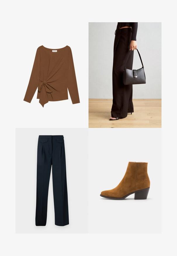 Brūna garām piedurknēm topa, kas izceļas ar plašu dekoltē un mezglu detaļu vienā pusē, izgatavota no mīkstas, teksturētas auduma.; Tumši zili bikses ar pielāgotu dizainu, divām priekšējām krokām un divām aizmugurējām kabatām. Izgatavotas no gludas auduma ar taisnu piegriezumu.; Brūni zīda potītes zābaki ar norādītu pirkstu un slāņotu papēdi. Gluda tekstūra ar sānu rāvējslēdzēju aizdarei. Klasisks dizains un forma.; Melnā somiņa ar strukturētu formu, gludu tekstūru un metālu sprādzi. Saskaņota ar platām melnām biksēm un sandālēm ar atvērtu purngalu uz koka grīdas.