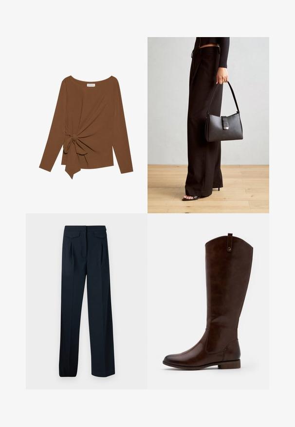 Barna, hosszú ujjú felső, széles nyakkivágással és az egyik oldalon csomó részlettel, puha, texturált anyagból készült.; Sötétkék nadrágok, amelyek testre szabott dizájnnal rendelkeznek, két elülső redővel és két hátsó zsebbe. Sima anyagból készültek, egyenes szabással.; Barna, térdig érő csizmák sima bőrből, lekerekített orral, alacsony, rakott sarokkal és diszkrét varrással az oldalán.; Fekete kézi táska strukturált formával, sima textúrával és fémből készült záródással. Széles fekete nadrággal és nyitott orrú szandállal párosítva, fából készült padlón.