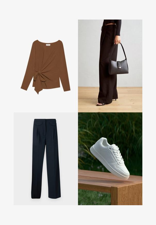 Smeđa majica dugih rukava s širokim izrezom i čvorom s jedne strane, izrađena od mekog, teksturiranog materijala.; Tamno plave hlače s krojem prilagođenim tijelu, s dva prednja nabora i dva stražnja džepa. Izrađene od glatkog materijala s ravnim krojem.; Bijela tenisica sa glatkim sintetičkim gornjim dijelom, perforiranim prednjim dijelom, ravnim vezicama i teksturiranom potplatom, prikazana na drvenoj površini.; Crna torba s oblikom koji sadrži strukturu, glađu teksturu i metalnu kopču. Uparena s širokim crnim hlačama i sandalama na otvorenom s drvenog poda.