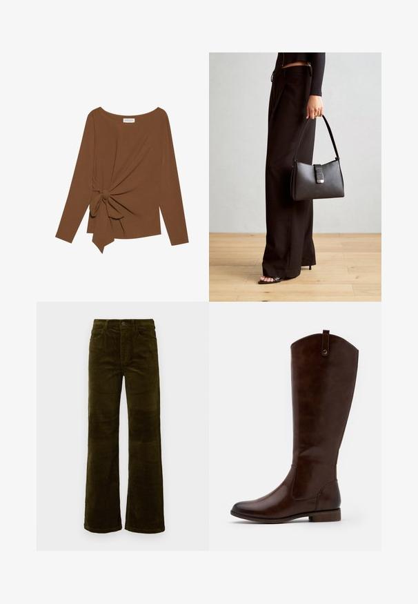 Smeđa majica dugih rukava s širokim izrezom i čvorom s jedne strane, izrađena od mekog, teksturiranog materijala.; Pantalone od kordura u tamno maslinastoj boji s flared krojem. Ima pet džepova, zatvaranje na dugme i vertikalnu rebrastu teksturu. Standardni kroj s klasičnim dizajnom.; Smeđe čizme do koljena od glatke kože, sa zaobljenim vrhom, niskom slojevitom potpeticom i suptilnim uzorkom šavova duž strana.; Crna torba s oblikom koji sadrži strukturu, glađu teksturu i metalnu kopču. Uparena s širokim crnim hlačama i sandalama na otvorenom s drvenog poda.