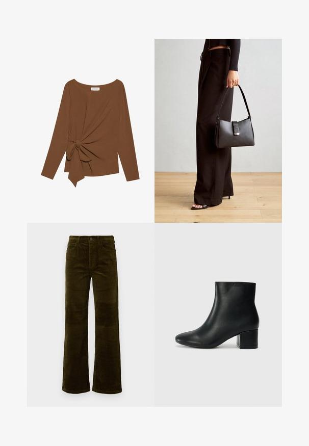 Brūna garām piedurknēm topa, kas izceļas ar plašu dekoltē un mezglu detaļu vienā pusē, izgatavota no mīkstas, teksturētas auduma.; Korduroja platās bikses dziļā olīvzaļā krāsā. Ar piecām kabatām, pogu aizdari un vertikālu ribu tekstūru. Standarta piegriezums ar klasisku dizainu.; Melna ādas potīšu zābaki ar smailu purngalu un masīlu papēdi. Gluda tekstūra ar minimāliem akcentiem un gludu, pieguļošu dizainu.; Melnā somiņa ar strukturētu formu, gludu tekstūru un metālu sprādzi. Saskaņota ar platām melnām biksēm un sandālēm ar atvērtu purngalu uz koka grīdas.