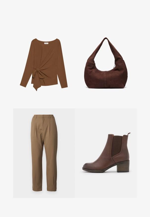 Maglia marrone a maniche lunghe con scollatura ampia e un dettaglio a nodo su un lato, realizzata in tessuto morbido e testurizzato.; Pantaloni marroni realizzati in tessuto liscio, con una vestibilità su misura, pieghe frontali e gambe dritte, completi di tasche laterali.; Stivaletto in pelle marrone con finitura liscia, pannelli laterali elasticizzati, punta rotonda e tacco in legno moderato.; Borsa hobo in suede marrone con una maniglia curva e larga e un'ampia apertura. Tessuto morbido con dettagli di cucitura visibili lungo i bordi.