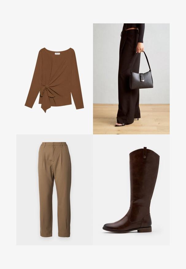Top marrón de manga larga con un escote amplio y un detalle de nudo en un lado, hecho de una tela suave y texturizada.; Pantalones marrones de tejido suave, con un ajuste entallado, pliegues en la parte delantera y piernas rectas, con bolsillos laterales.; Botas marrones hasta la rodilla, hechas de cuero liso, con punta redondeada, tacón bajo apilado y un sutil patrón de costura a lo largo de los lados.; Bolso negro con forma estructurada, textura suave y un cierre metálico. Combinado con pantalones anchos negros y sandalias de dedo en un suelo de madera.