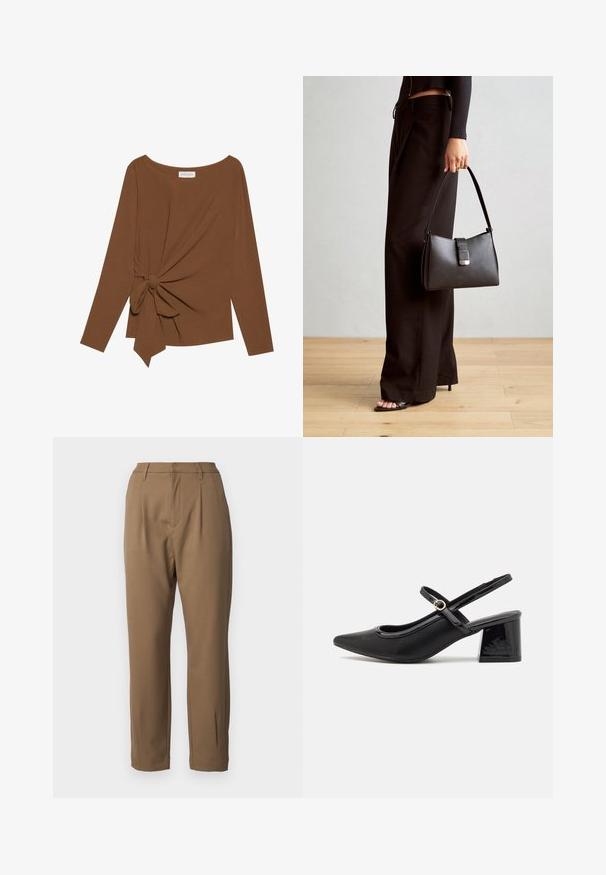 T-shirt brun à manches longues avec un col large et un détail de nœud sur un côté, fabriqué dans un tissu doux et texturé.; Pantalon marron en tissu lisse, avec une coupe ajustée, des plis à l'avant et des jambes droites, avec des poches latérales.; Escarpins slingback en cuir verni noir avec un embout pointu, un design à découpes arrondies et un talon carré. Présente un accent de boucle en ton doré.; Sac à main noir à la forme structurée, texture lisse et fermoir métallique. Associé à un pantalon noir ample et des sandales ouvertes sur un sol en bois.