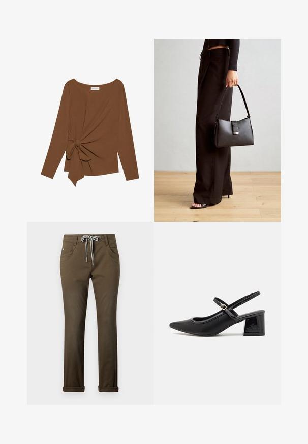 Brauner Langarm-Top mit weitem Ausschnitt und Knoten-Detail auf einer Seite, aus weichem, strukturiertem Stoff.; Braune lässige Hose aus glattem Material, mit einem Bund aus Kordelzug in Weiß, fünf Taschen und hochgerollten Säumen.; Schwarze Lackleder-Slingback-Absätze mit spitzer Zehenform, einem runden Ausschnitt-Design und einem Blockabsatz. Mit einem goldfarbenen Schnallenakzent.; Schwarze Handtasche mit strukturierter Form, glatter Textur und einem metallischen Verschluss. Kombiniert mit weiten schwarzen Hosen und offenen Sandalen auf einem Holzboden.